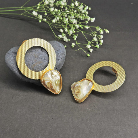 Gold Textured Hoop Stud Earrings with Baroque Pearl Accent