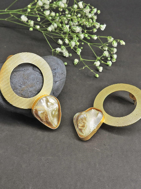 Gold Textured Hoop Stud Earrings with Baroque Pearl Accent