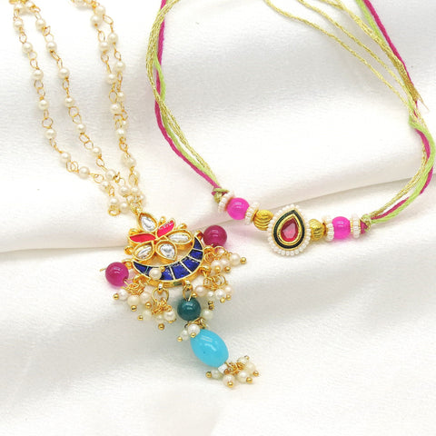 Multicolor kundan crescent pearl bhaiya bhabhi rakhi set by Joyrias