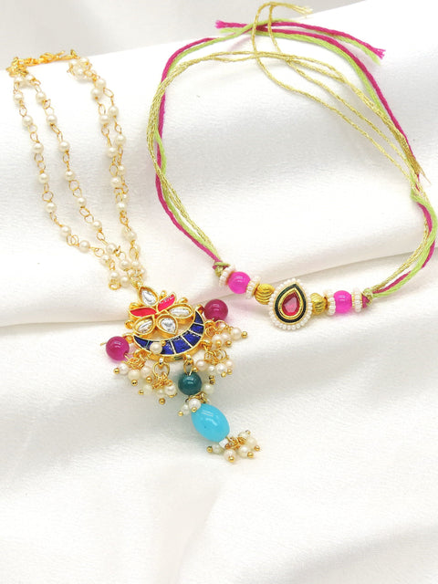 Multicolor kundan crescent pearl bhaiya bhabhi rakhi set by Joyrias