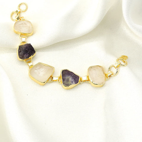 Raw Amethyst & Quartz Gemstone Bracelet | Handmade Gold Plated Jewelry