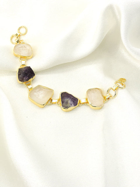 Raw Amethyst & Quartz Gemstone Bracelet | Handmade Gold Plated Jewelry