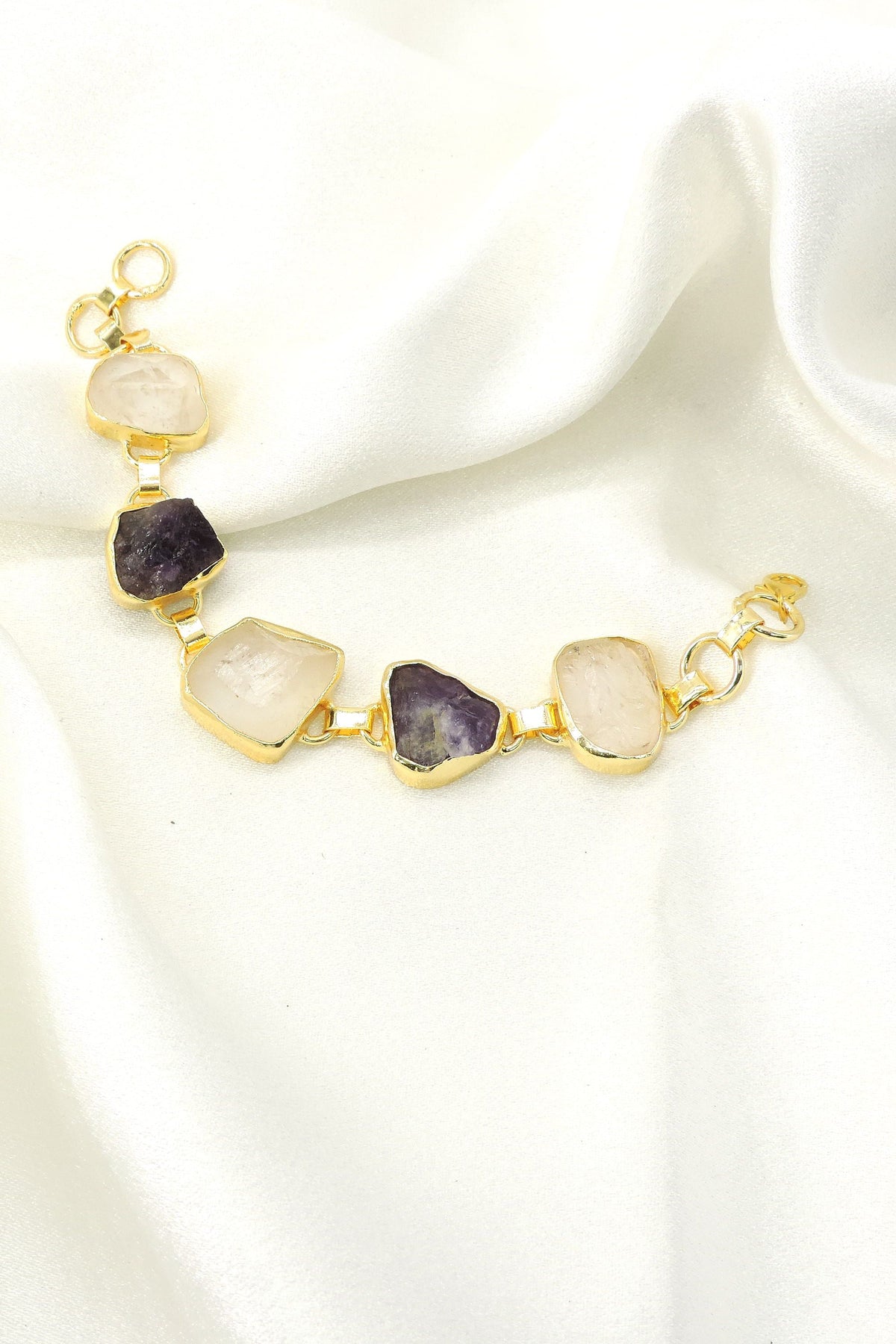 Raw Amethyst & Quartz Gemstone Bracelet | Handmade Gold Plated Jewelry