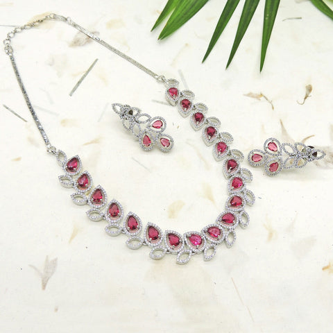 AD necklace set in silver tone – Indian American diamond silver necklace USA – Joyrias