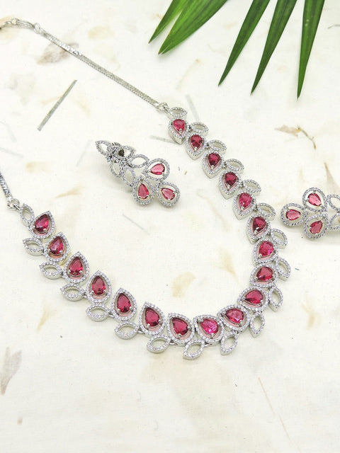 AD necklace set in silver tone – Indian American diamond silver necklace USA – Joyrias