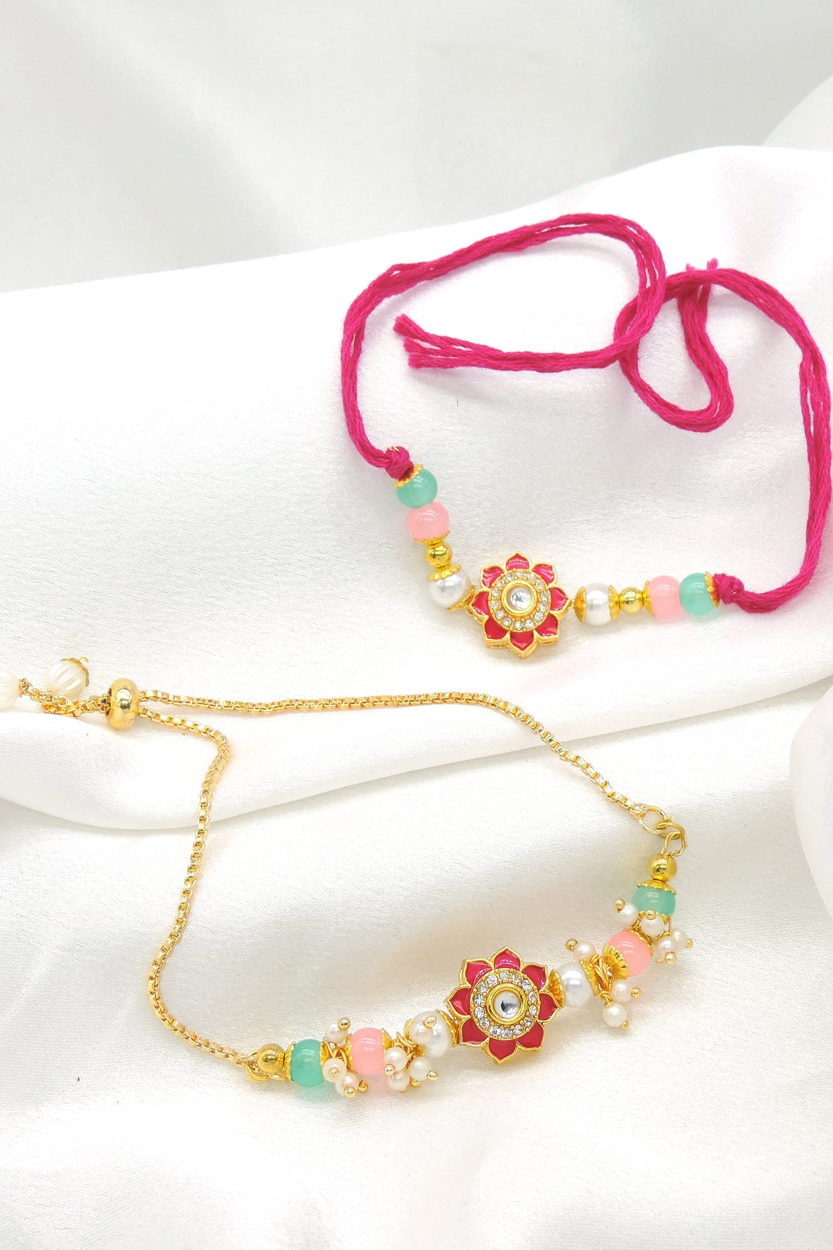 Floral Meenakari Kundan Bead Bhaiya Bhabhi Rakhi Set