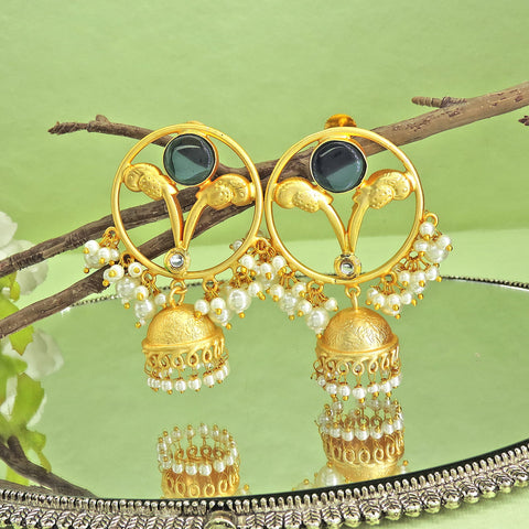 Gold Plated Ruby Jhumka Earrings with Pearl Drops