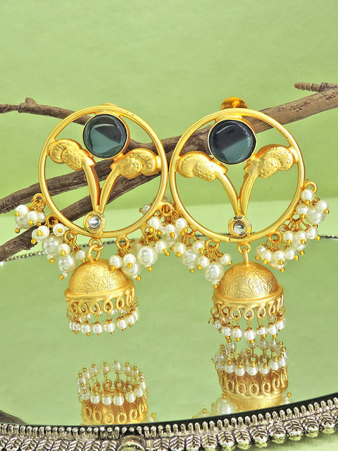 Gold plated ruby jhumka earrings with pearl drops – Indian bridal jhumka earrings USA – Joyrias
