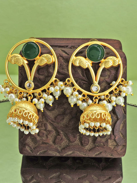 Gold plated ruby jhumka earrings back view – Indian festive jhumka for weddings – Joyrias