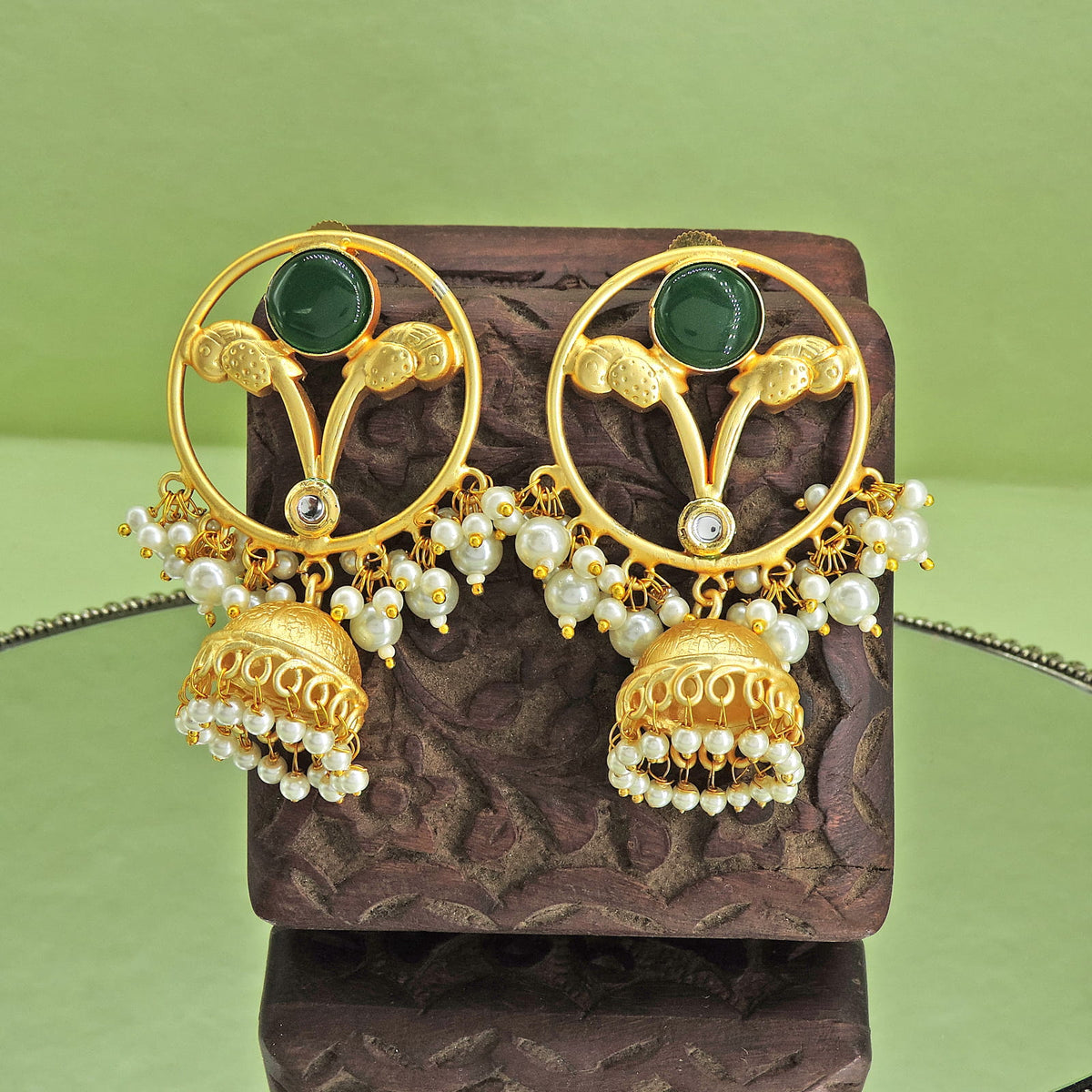 Gold Plated Ruby Jhumka Earrings with Pearl Drops