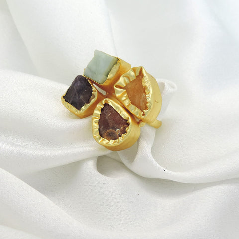 Multicolor Natural Stone Statement Ring in Gold | Adjustable Designer Ring