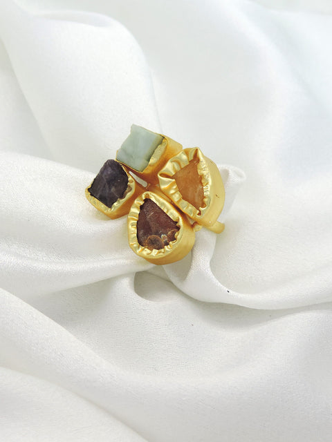 Multicolor Natural Stone Statement Ring in Gold | Adjustable Designer Ring