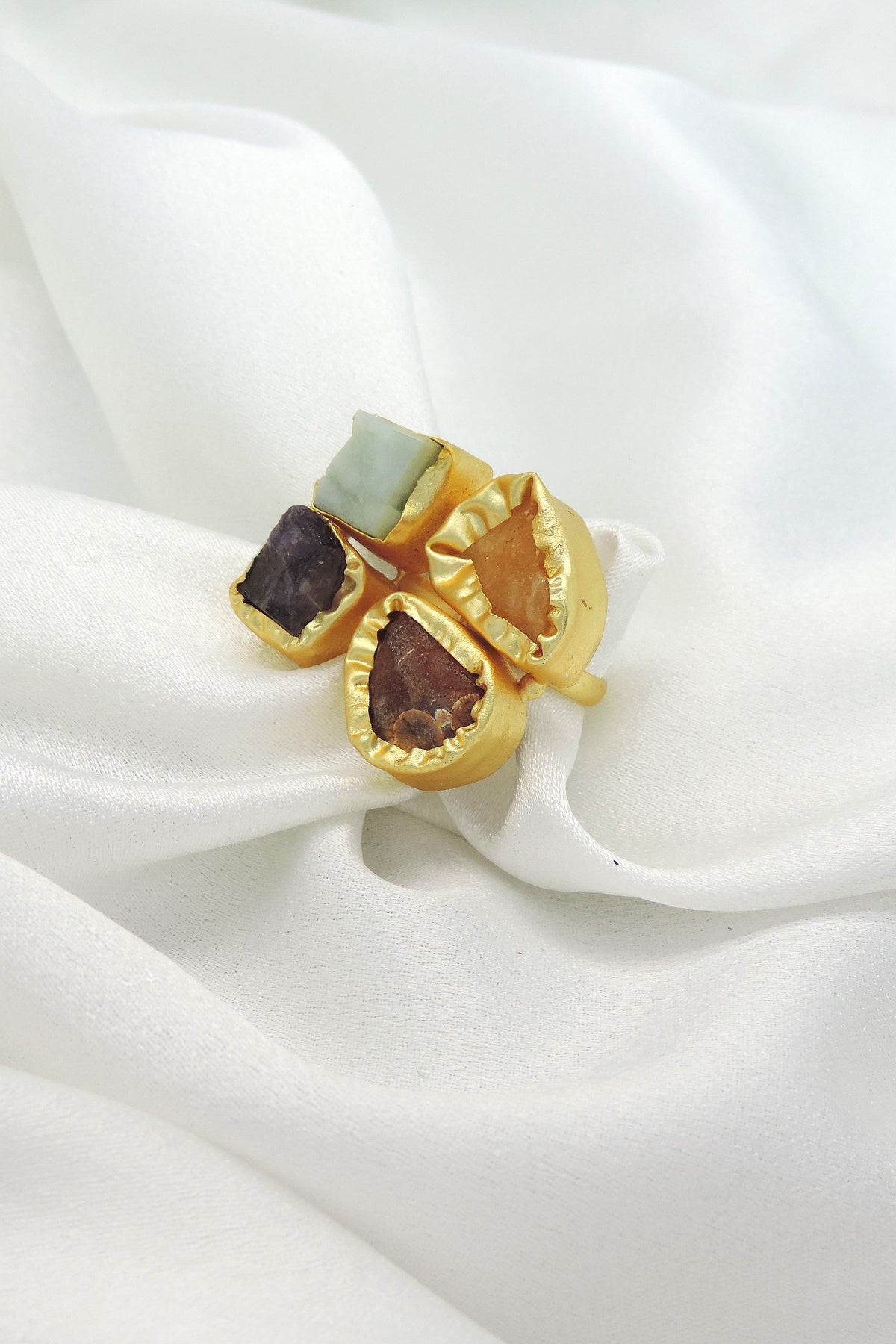 Multicolor Natural Stone Statement Ring in Gold | Adjustable Designer Ring