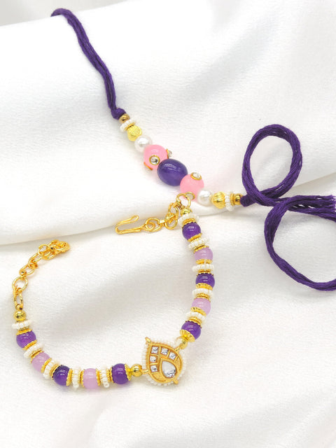 Purple pink kundan pearl bhaiya bhabhi rakhi set by Joyrias