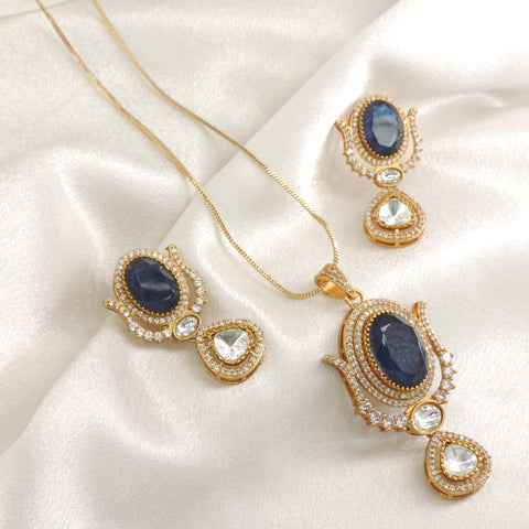 Blue Kundan Pendant Set by Joyrias