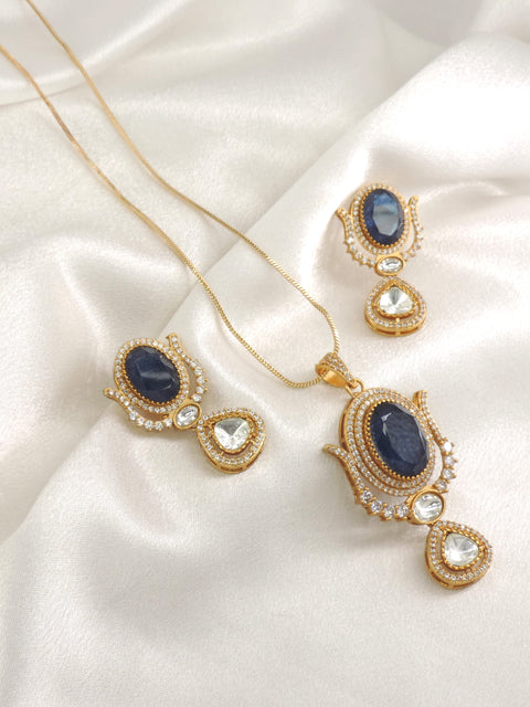 Blue Kundan Pendant Set by Joyrias