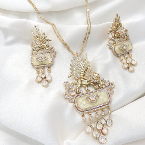 Winged lion pendant necklace set by Joyrias