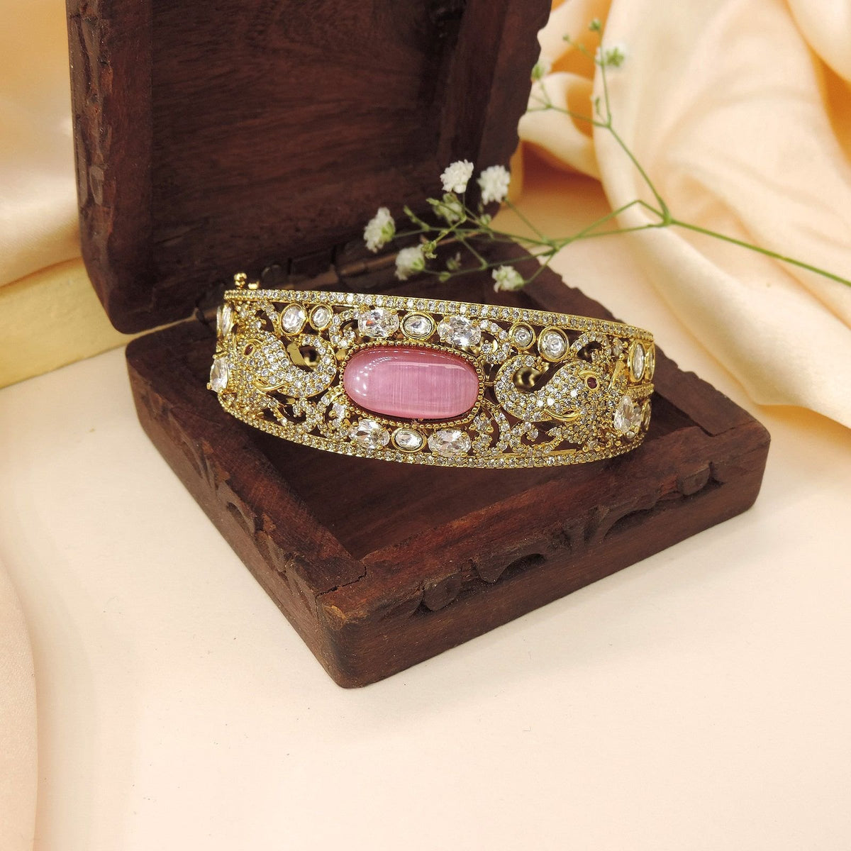Antique gold plated pink stone kada bangle – Indian festive bangle for women USA – Joyrias