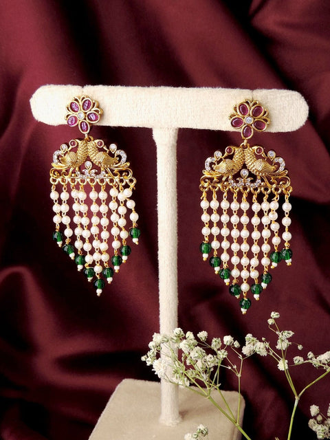 Peacock motif pearl and green bead earrings – Indian temple earrings USA – Joyrias