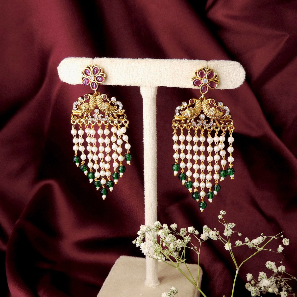 Peacock motif pearl and green bead earrings – Indian temple earrings USA – Joyrias