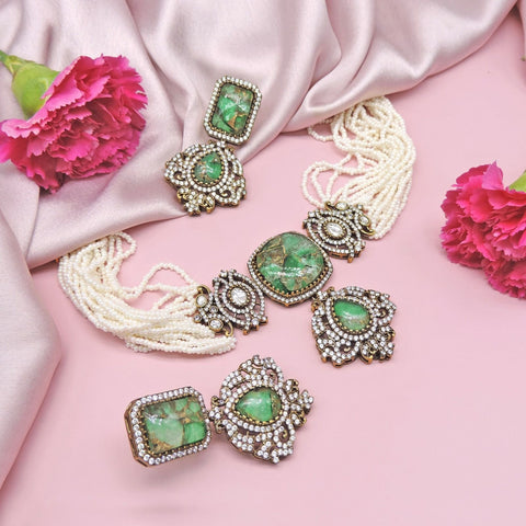 Green fire stone Kundan choker set with multi strand pearls and earrings – Indian bridal jewelry USA – Joyrias