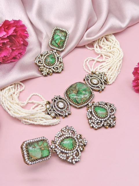 Green fire stone Kundan choker set with multi strand pearls and earrings – Indian bridal jewelry USA – Joyrias
