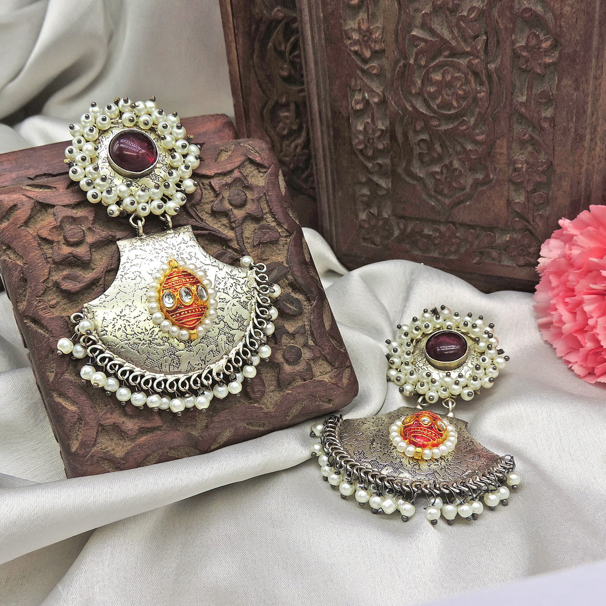 Silver tone drop earrings with stone – Indian oxidized earrings for weddings and festivals – Joyrias