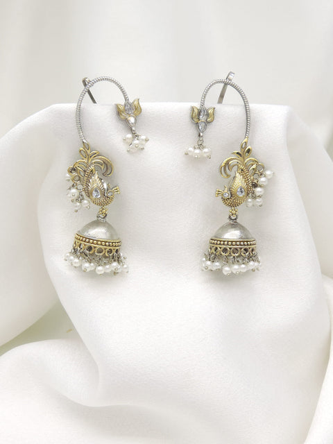 Oxidized dual-tone paisley ear cuff earrings with gold-toned detailing and pearl accents by joyrias