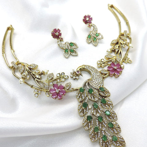 Peacock Floral Pink Green CZ Jewelry Set by Joyrias