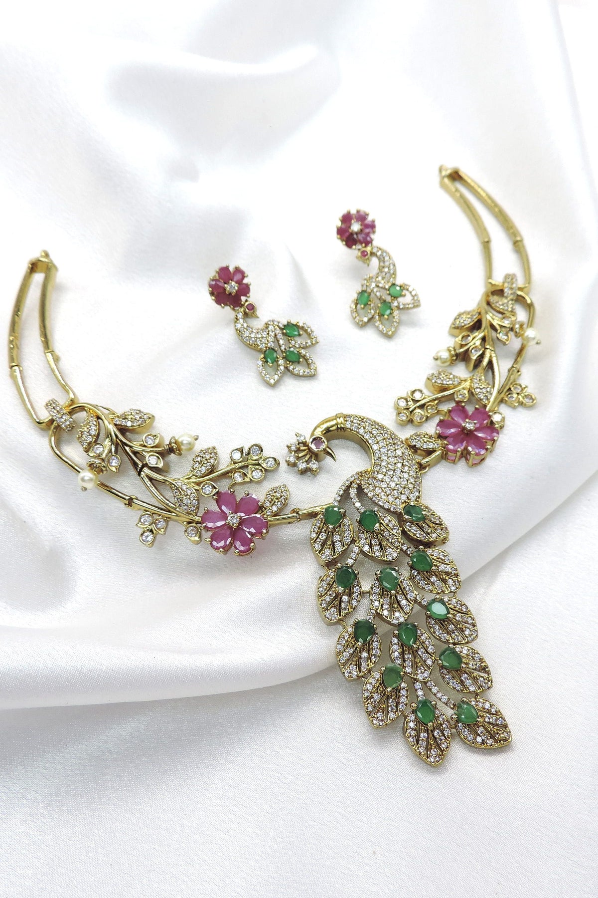 Peacock Floral Pink Green CZ Jewelry Set by Joyrias