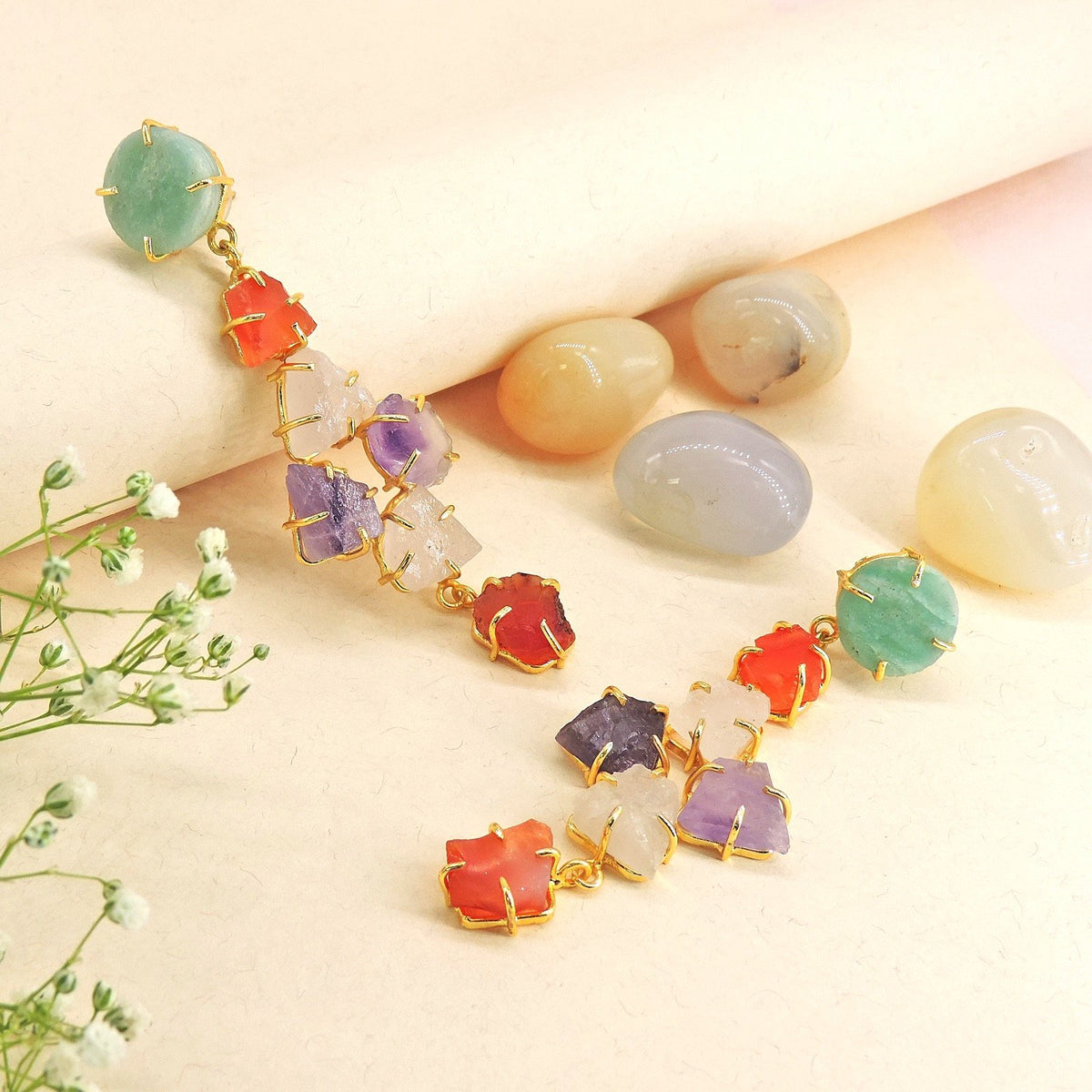 Multicolor natural stone earrings – Indian ethnic earrings for casual and festive wear – Joyrias