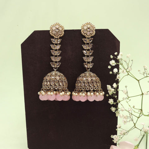 Antique gold jhumka earrings with pink beads – Indian traditional jhumka jewelry USA – Joyrias