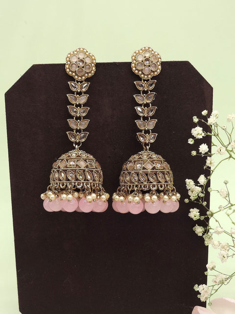 Antique gold jhumka earrings with pink beads – Indian traditional jhumka jewelry USA – Joyrias