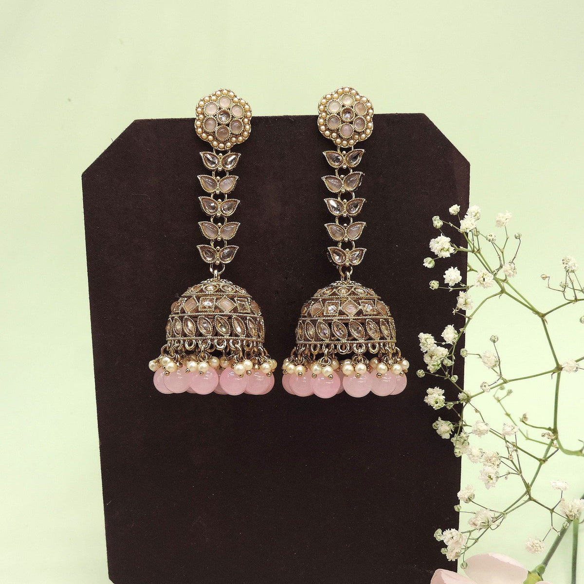 Antique gold jhumka earrings with pink beads – Indian traditional jhumka jewelry USA – Joyrias