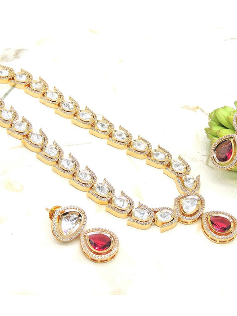 Kundan and AD necklace set with red stone – Indian Kundan American diamond necklace USA – Joyrias