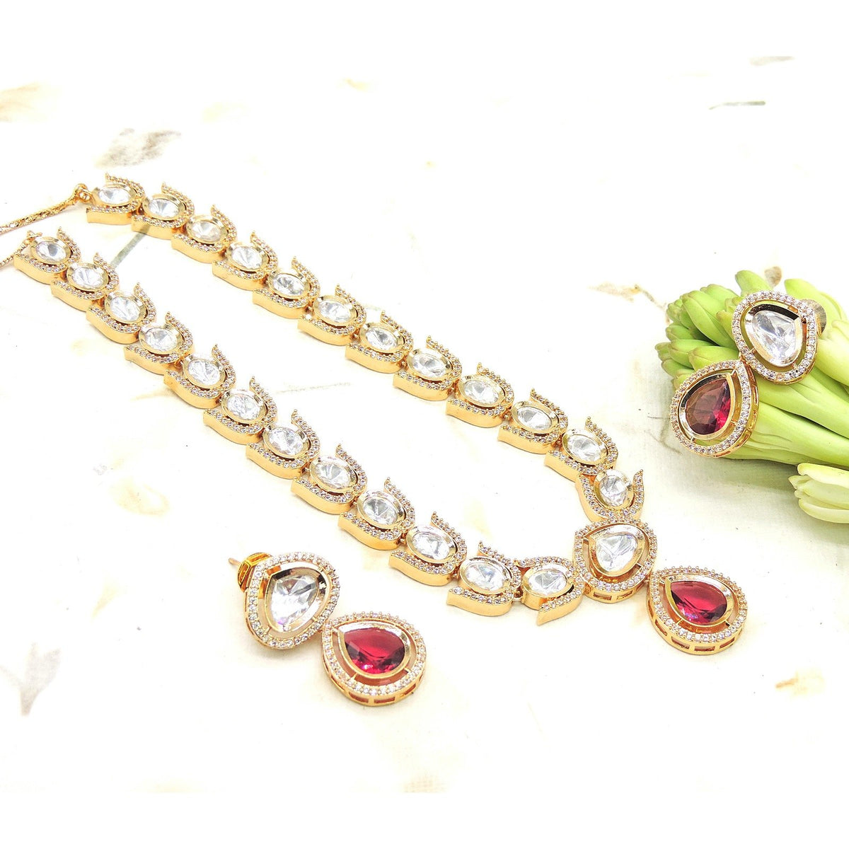 Kundan and AD necklace set with red stone – Indian Kundan American diamond necklace USA – Joyrias