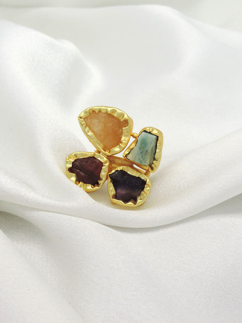 Multicolor Natural Stone Statement Ring in Gold | Adjustable Designer Ring