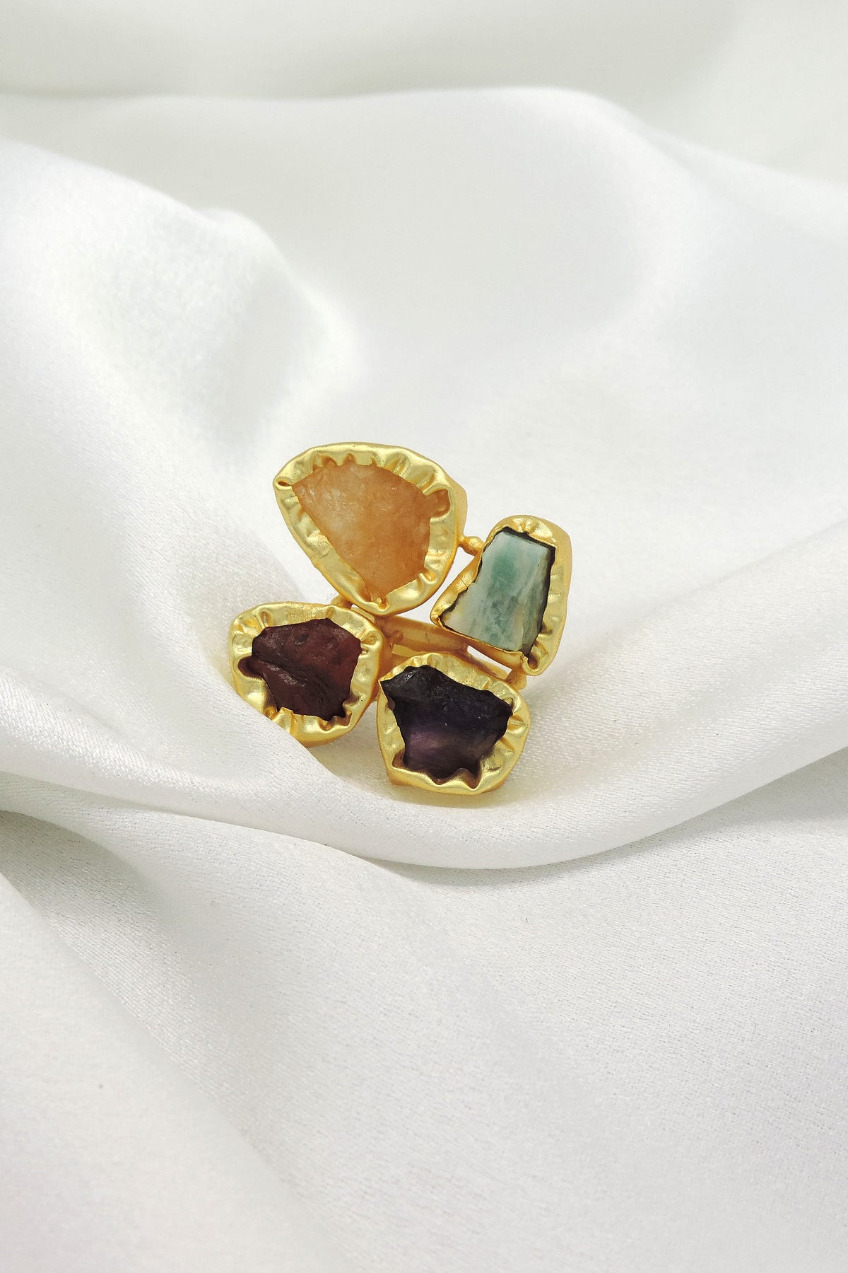 Multicolor Natural Stone Statement Ring in Gold | Adjustable Designer Ring
