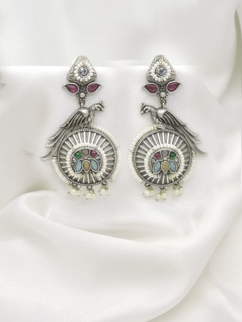 Oxidized Silver Peacock Green Pink Jhumka Earrings