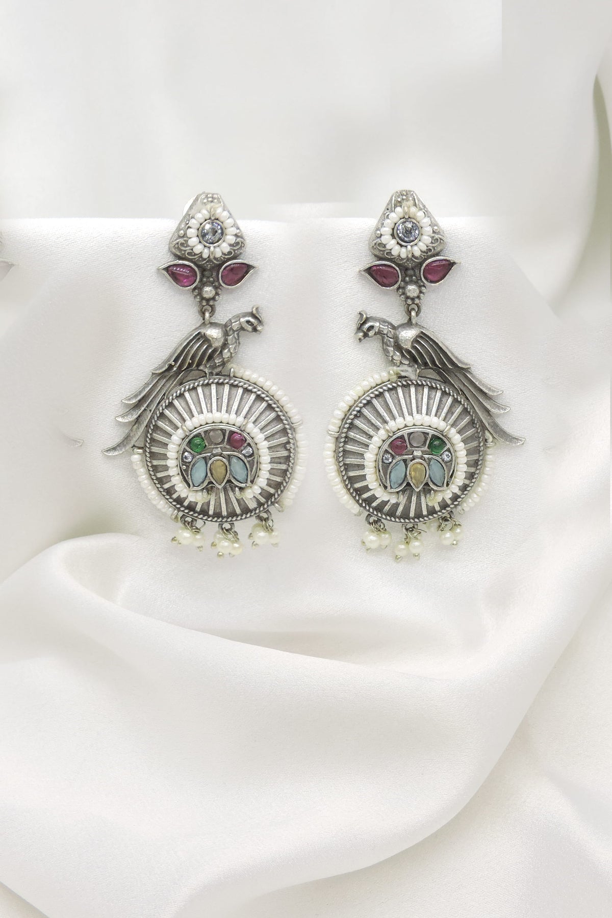 Oxidized Silver Peacock Green Pink Jhumka Earrings