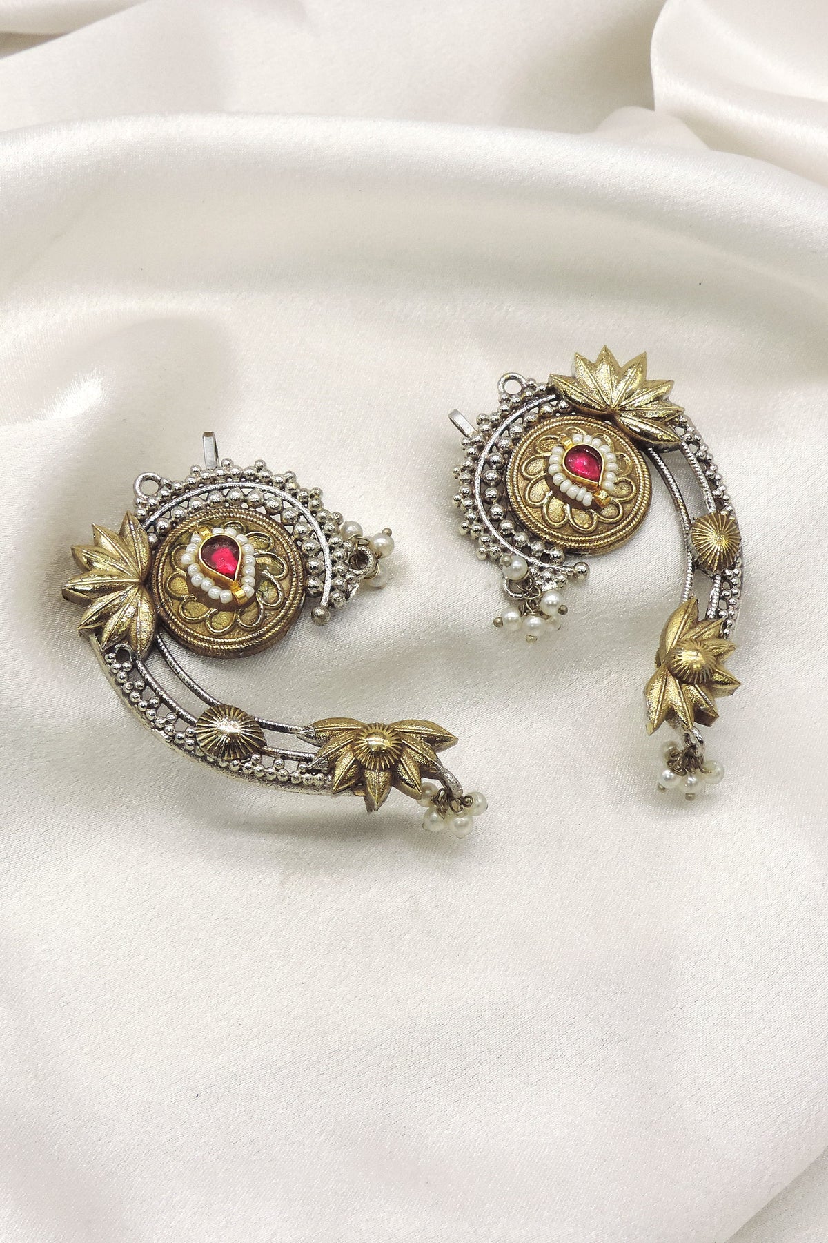 Ruby Floral Dual Tone Ear Cuff Earrings by Joyrias