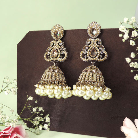 Antique Kundan jhumka earrings with pearl drops – Indian bridal jhumka jewelry USA – Joyrias