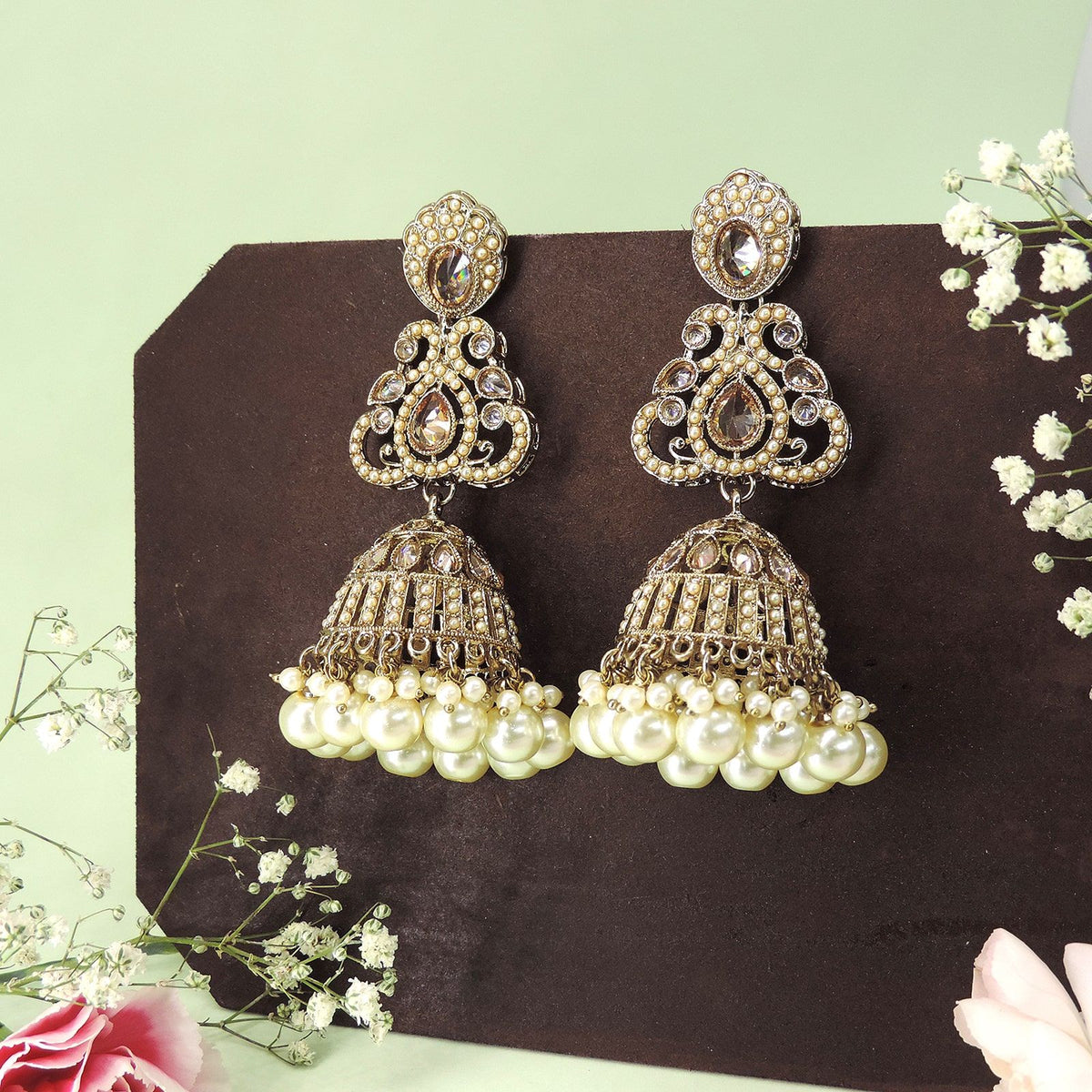 Antique Kundan jhumka earrings with pearl drops – Indian bridal jhumka jewelry USA – Joyrias