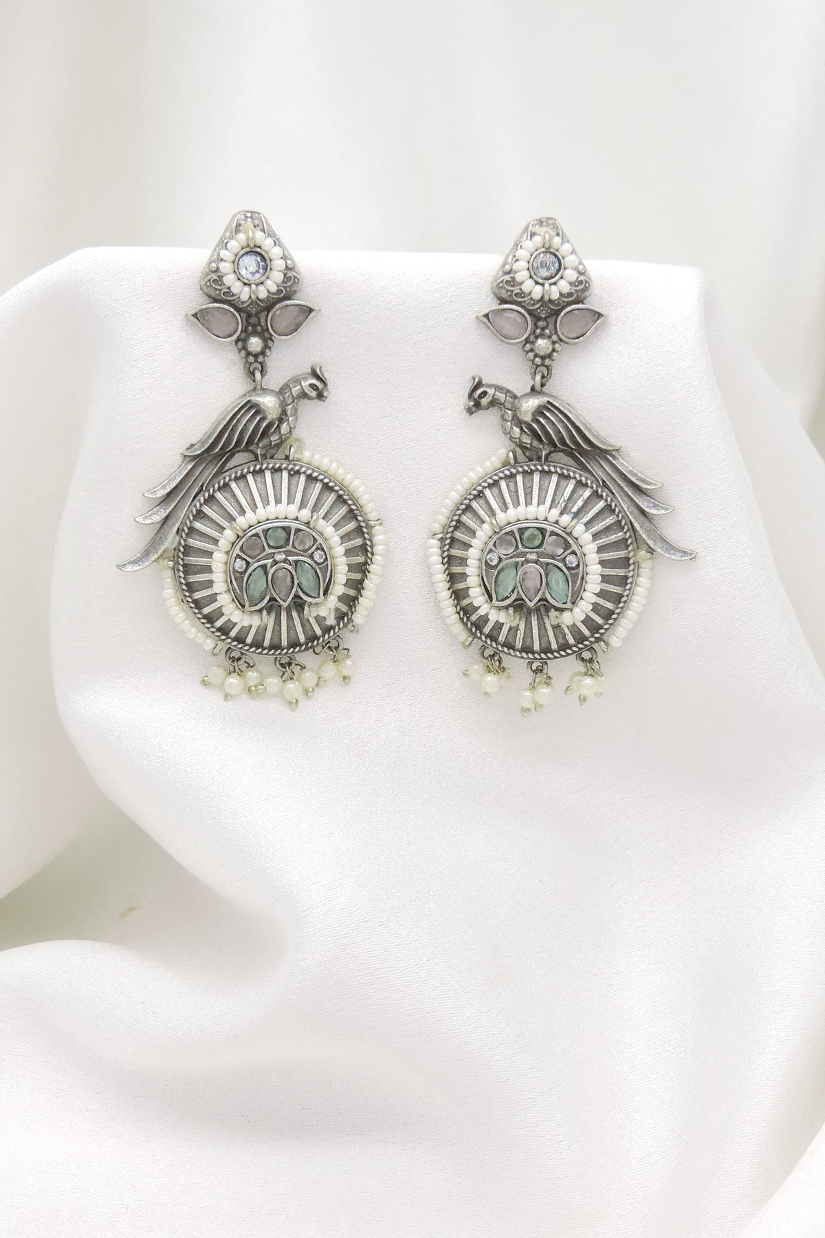 Oxidized Silver Peacock Green Pink Jhumka Earrings