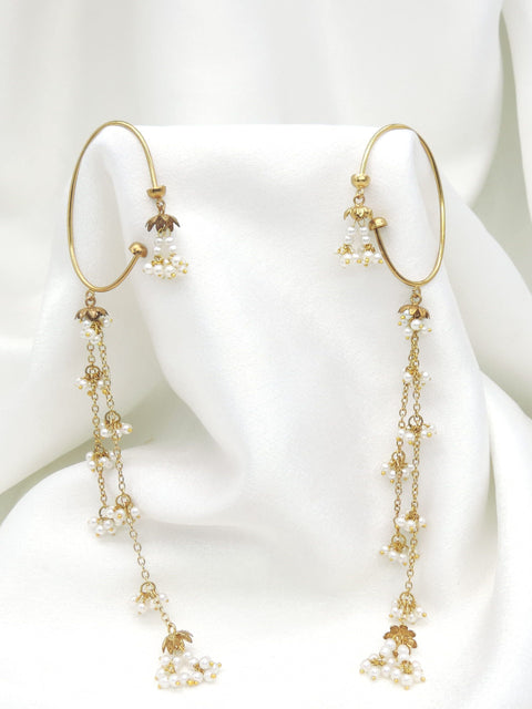 Gold-toned pearl long chain ear cuff earrings with delicate floral detailing by joyrias