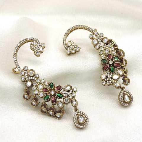 Floral Navratna Ear Cuff Earrings Featuring AD Stones and Multicolor Floral Motifs by Joyrias