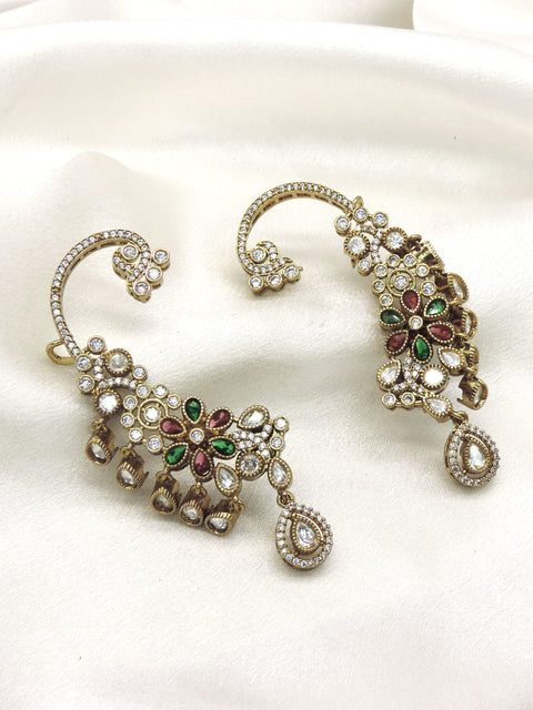 Floral Navratna Ear Cuff Earrings Featuring AD Stones and Multicolor Floral Motifs by Joyrias