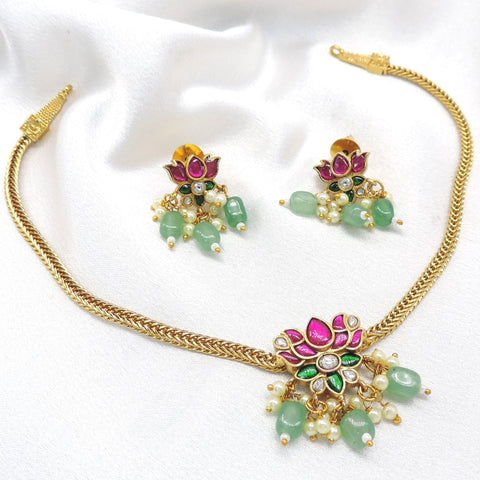 Lotus green bead jewelry set with pearl drops and CZ AD detailing by joyrias