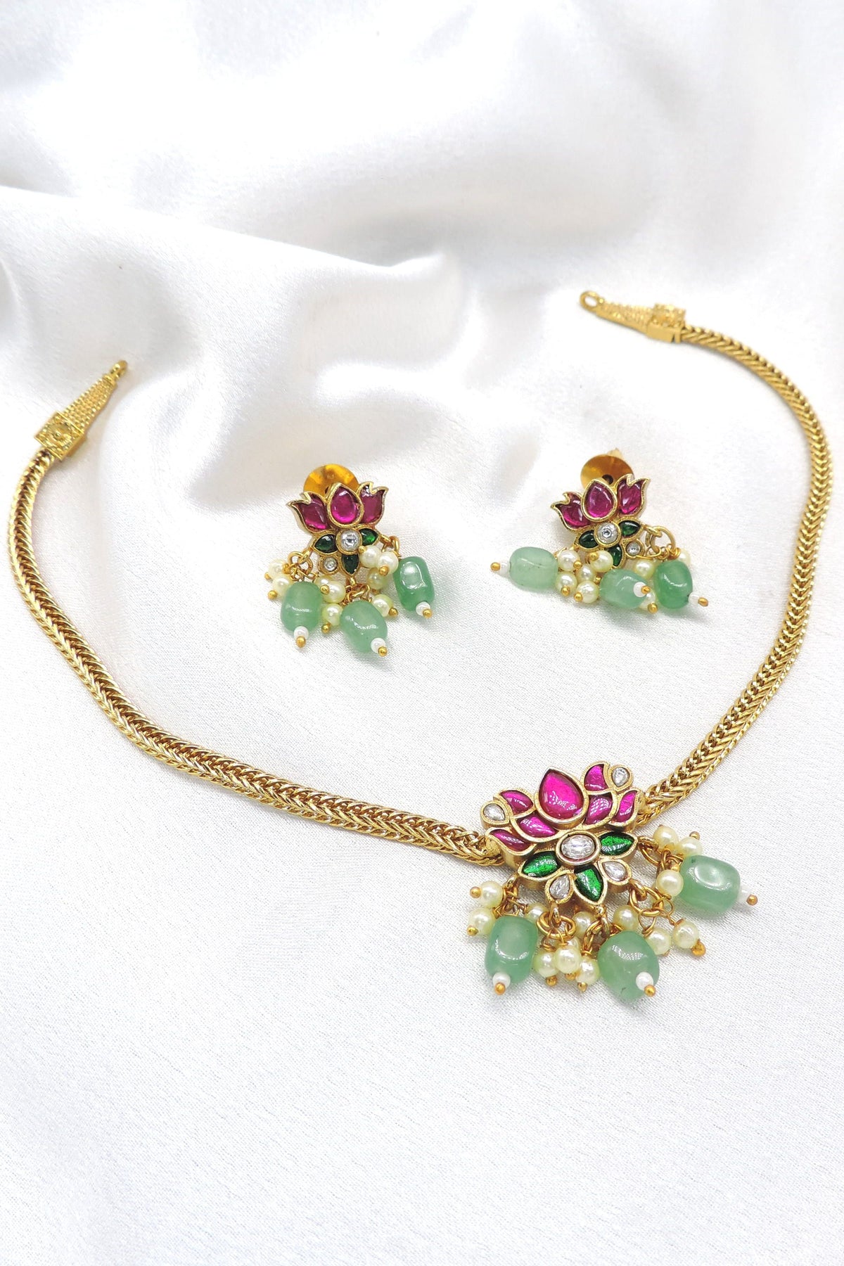 Lotus green bead jewelry set with pearl drops and CZ AD detailing by joyrias