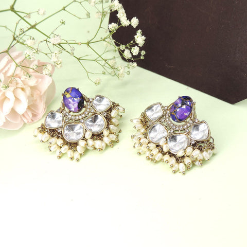 Purple stone Kundan earrings with pearl beads – Indian festive earrings USA – Joyrias